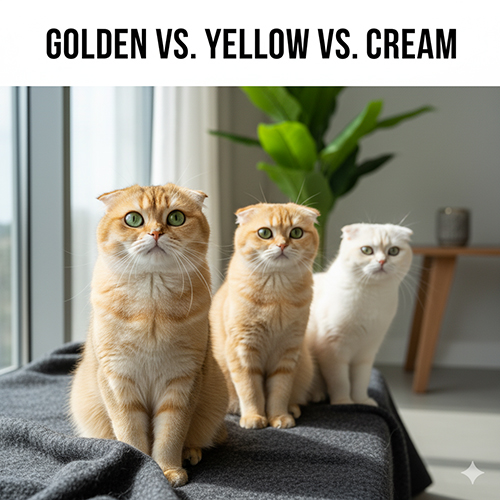 Ba mèo Scottish Fold tai cụp: golden, vàng và cream dưới ánh sáng ban ngày; thể hiện undercoat sáng và tipping giúp nhận biết màu.