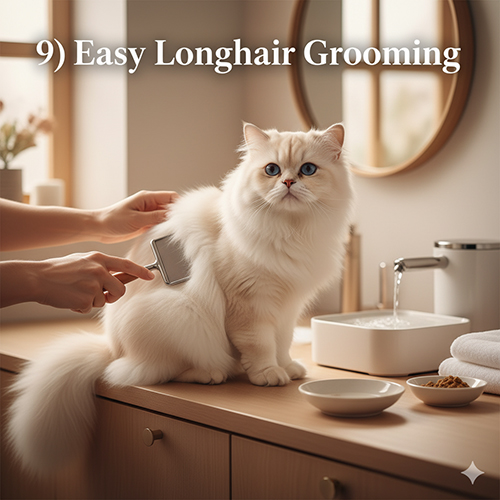 Mèo Ba Tư lông dài màu trắng đang được chải lông trên mặt bàn trong phòng tắm sáng, bên cạnh có bồn rửa và đồ chăm sóc