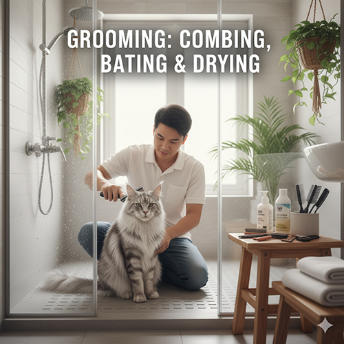 Người đàn ông đang chải lông cho mèo Mỹ lông dài trong phòng tắm, minh họa quy trình grooming: chải, tắm, sấy và phòng rối – nấm