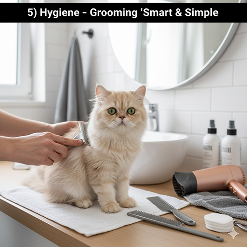 Mèo Ba Tư con được chải lông bằng lược slicker trong phòng tắm, kèm dụng cụ grooming