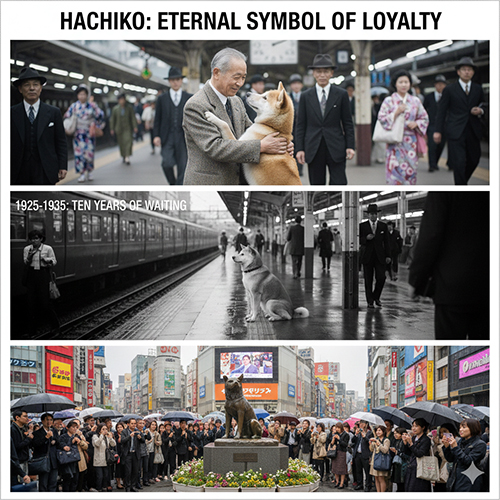 Infographic Hachiko – chú chó Akita Inu chờ chủ 10 năm ở ga Shibuya và tượng đài ngày nay 🐕❤️