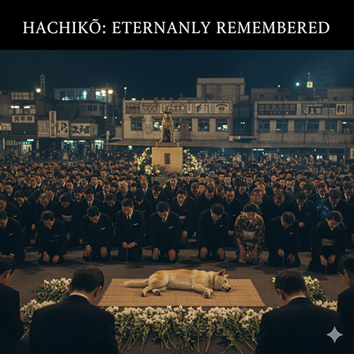 Đám đông cúi đầu tưởng niệm trước thi hài chú chó Akita Inu, tái hiện tang lễ Hachiko tại Shibuya