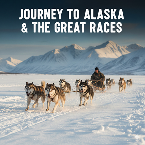 Đàn Husky kéo xe băng qua vùng tuyết Alaska với người điều khiển phía sau