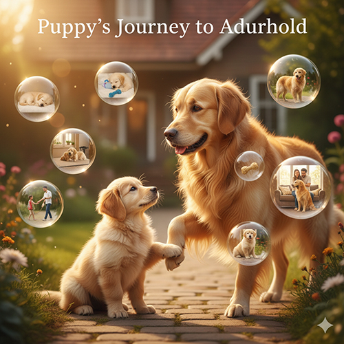 Chó mẹ Golden Retriever đặt chân lên chân chó con giữa vườn nhà, xung quanh là các bong bóng ký ức về những khoảnh khắc lớn khôn của cún con.