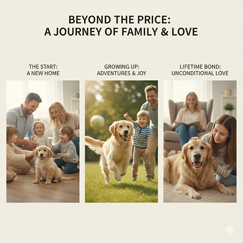 Infographic hành trình nuôi chó Golden cùng gia đình từ lúc về nhà mới, lớn lên vui chơi tới khi gắn bó trọn đời