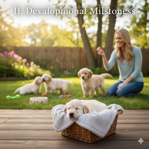 Chó con Golden nằm ngủ trong giỏ, phía sau là các chó con khác chơi cùng người phụ nữ trong sân vườn – minh họa cho các giai đoạn phát triển đầu đời.