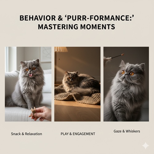 Ba khoảnh khắc hành vi mèo Ba Tư xám gồm ăn snack thư giãn, chơi tương tác và nhìn chếch với râu – mắt bắt sáng