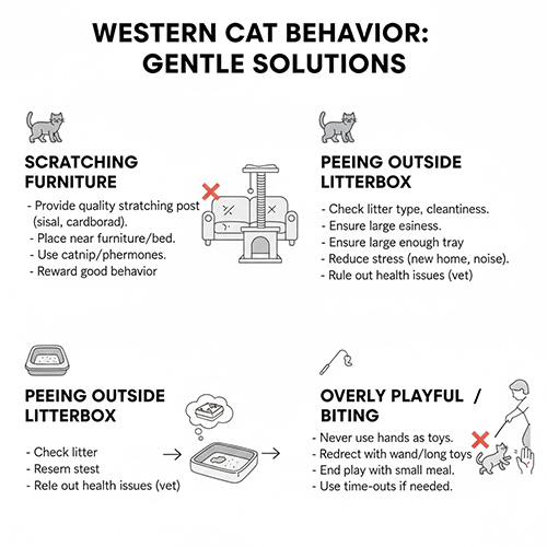 Hành vi thường gặp ở mèo Tây như cào sofa tiểu sai chỗ và cắn tay khi chơi