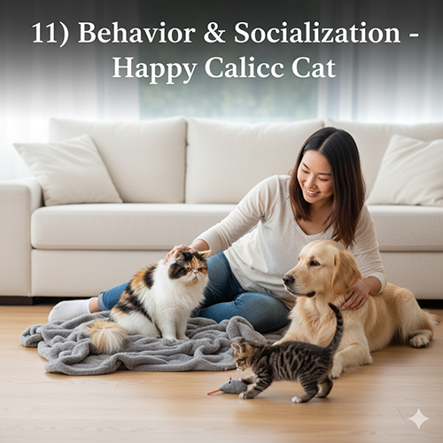 Mèo Ba Tư tam thể giao tiếp cùng chó và mèo con trong phòng khách, minh họa xã hội hóa dịu nhẹ