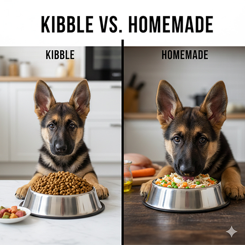 So sánh hạt khô và cơm thịt tự nấu trong chế độ ăn cho chó Becgie con