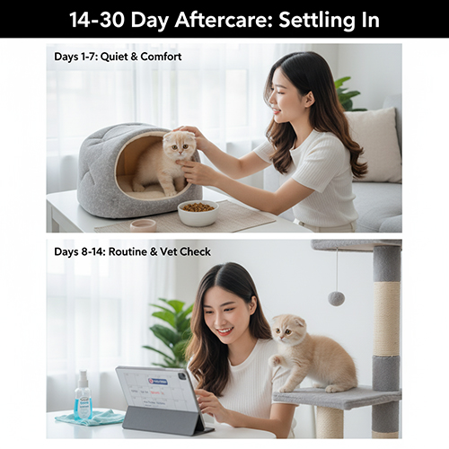 Cô gái chăm sóc mèo Scottish Fold trong 14–30 ngày đầu sau khi nhận nuôi, cho ăn, chơi và theo dõi sức khỏe