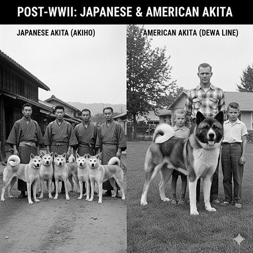 Ảnh đen trắng so sánh chó Akita Nhật và Akita Mỹ sau Thế chiến II, bên trái là đàn Akita Inu với chủ Nhật, bên phải là American Akita đứng cạnh gia đình Mỹ