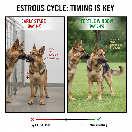 Ảnh minh họa chu kỳ động dục của chó Becgie cái, so sánh giai đoạn đầu và giai đoạn “ngày vàng” dễ đậu thai để canh phối giống chính xác.