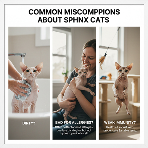 Ba hình minh họa các hiểu nhầm về mèo Sphynx: tắm rửa, dị ứng và sức khỏe