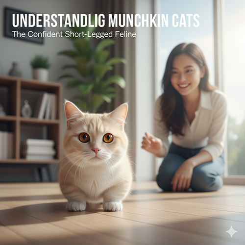 Cận cảnh mèo Munchkin chân ngắn nhìn vào máy ảnh, phía sau là cô gái đang chơi cùng trong phòng khách sáng; hình minh họa phần giới thiệu về nguồn gốc, ngoại hình và tính cách.