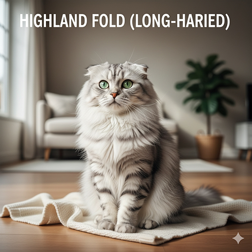 Mèo Highland Fold lông dài ngồi trên thảm, lông silver tabby bồng bềnh, mắt xanh lục, tai cụp, ánh sáng tự nhiên buổi sáng.