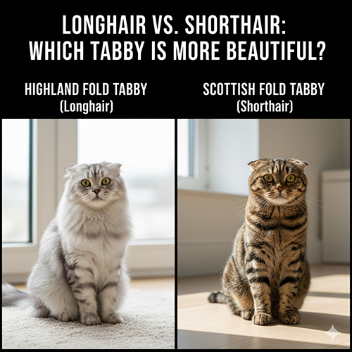 So sánh mèo Highland Fold tabby lông dài và Scottish Fold tabby lông ngắn trong phòng sáng tự nhiên.