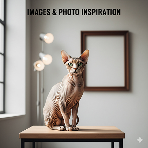 Mèo Không lông Sphynx tạo dáng trên bàn trong ánh sáng cửa sổ, minh họa phần hình ảnh và cảm hứng chụp