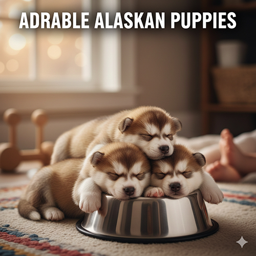 Hình ảnh chó Alaska con ngủ gục trong bát ăn, dáng tròn mũm mĩm