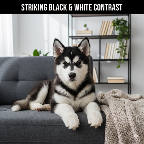 Hình ảnh chó Alaska Malamute đen trắng nằm trên sofa trong không gian nhà hiện đại