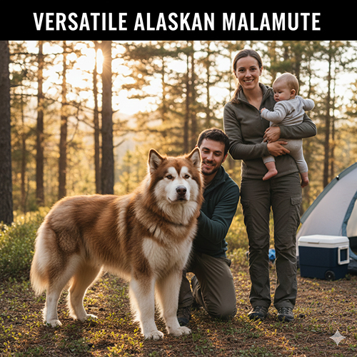 Hình ảnh chó Alaska Malamute chụp cùng gia đình ngoài trời, thân thiện và hiền lành