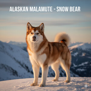 Hình ảnh chó Alaska Malamute trưởng thành đứng trên tuyết, dáng khỏe mạnh