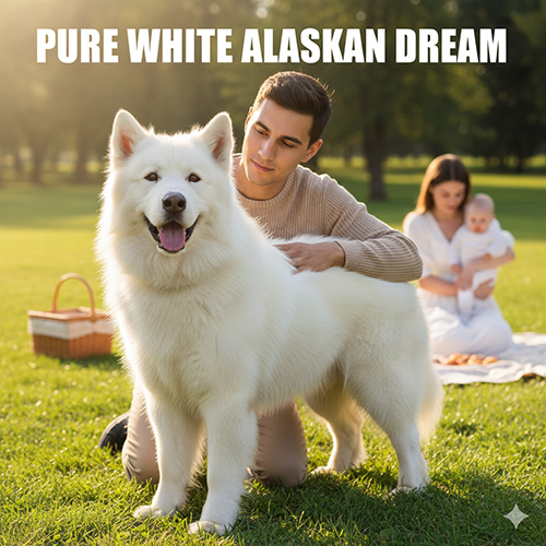 Hình ảnh chó Alaska trắng tuyết đứng ngoài trời, bộ lông trắng bông xù nổi bật