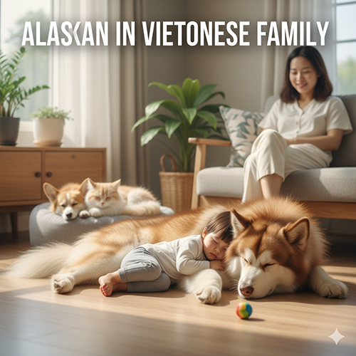 Hình ảnh chó Alaska nằm cạnh em bé trong không gian gia đình Việt ấm áp