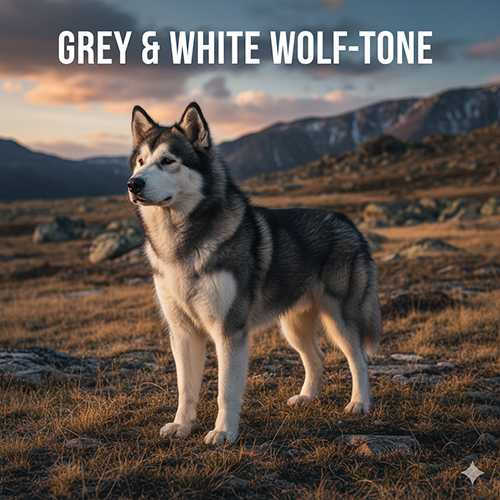 Hình ảnh chó Alaska Malamute xám trắng đứng ngoài thiên nhiên, dáng oai vệ