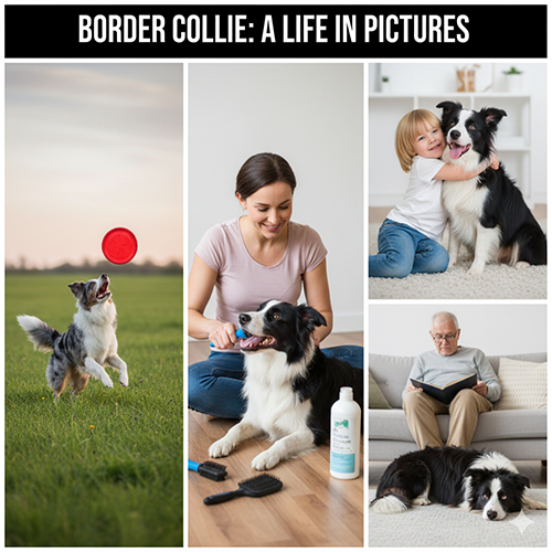 hình ảnh chó border collie trong đời sống hằng ngày chạy chơi chải lông và sinh hoạt cùng gia đình