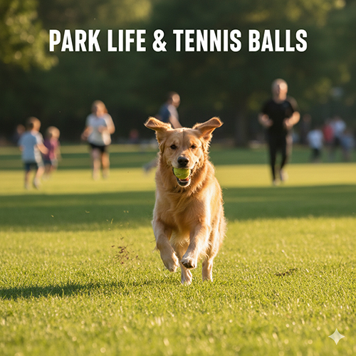 Hình chó Golden Retriever chạy trên bãi cỏ công viên, miệng ngậm bóng tennis