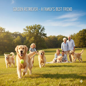 Hình ảnh chó Golden Retriever chơi đùa cùng gia đình ngoài công viên, không khí ấm áp và vui vẻ