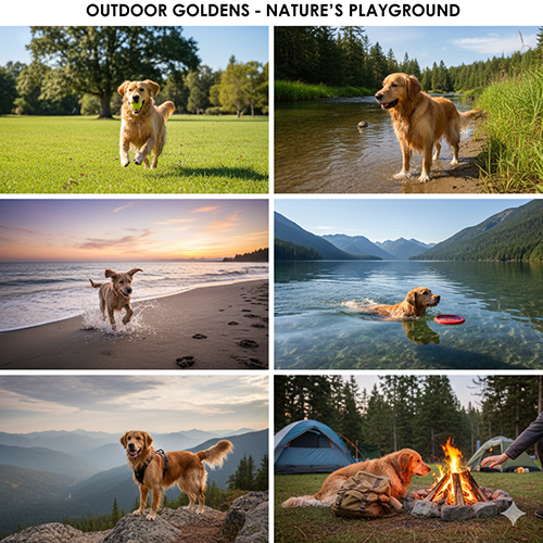 Hình chó Golden Retriever vui chơi ngoài trời: bãi cỏ, bờ sông, biển và núi