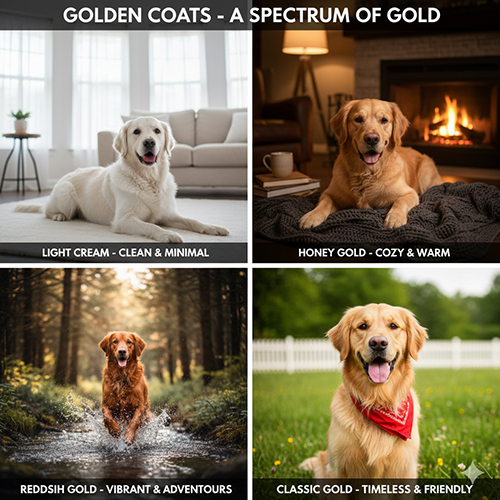 Hình chó Golden Retriever với bốn sắc độ lông: kem nhạt, vàng mật ong, vàng đỏ và vàng cổ điển