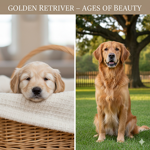 Hình ảnh chó Golden Retriever qua từng lứa tuổi: Golden con dễ thương và Golden trưởng thành điềm đạm