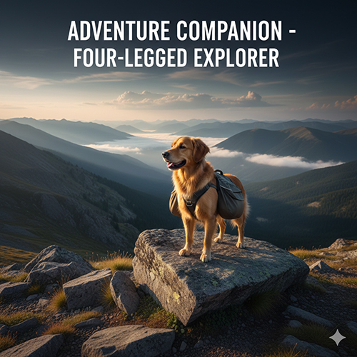 Hình chó Golden Retriever đứng trên mỏm đá khi trekking, phía sau là núi và mây