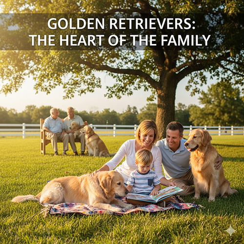 Hình chó Golden Retriever quây quần cùng gia đình nhiều thế hệ trong công viên