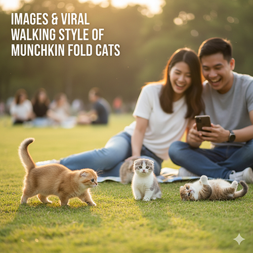 Mèo Munchkin Fold chân ngắn tai cụp chạy lạch bạch trên bãi cỏ, biểu cảm đáng yêu; cặp đôi ngồi phía sau ghi lại khoảnh khắc