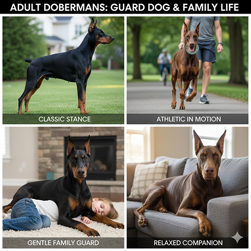 Hình ảnh chó Doberman trưởng thành với body săn chắc, dáng đứng và chuyển động chuẩn