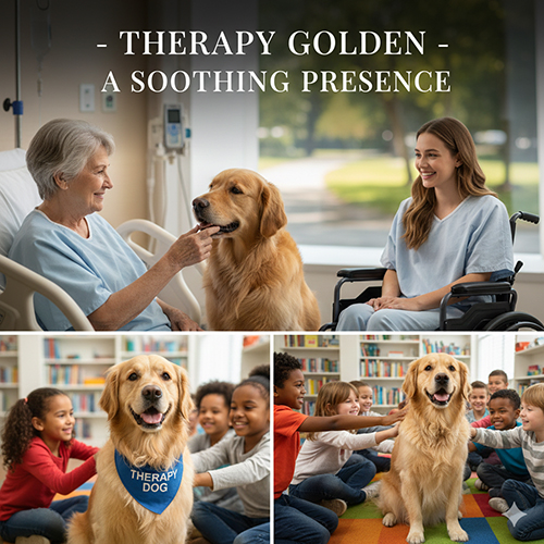Hình chó Golden Retriever làm chó trị liệu: bên giường bệnh và giao lưu với trẻ em