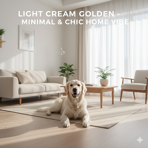 Hình chó Golden Retriever lông sáng nằm trong phòng khách tông trắng tối giản