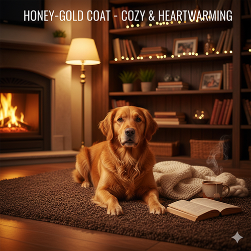 Hình chó Golden Retriever lông vàng mật ong nằm trong phòng ấm, cạnh lò sưởi và sách