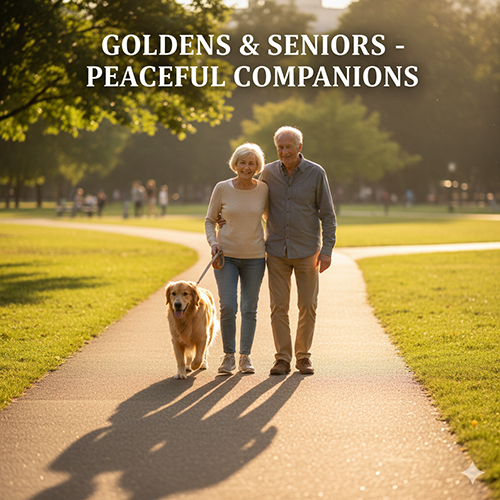 Hình chó Golden Retriever đi dạo cùng cặp vợ chồng lớn tuổi trong công viên yên bình