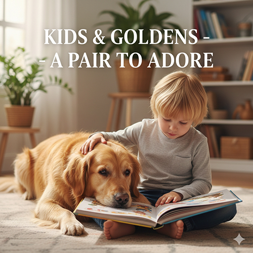 Hình chó Golden Retriever nằm cạnh trẻ nhỏ đang đọc sách trong phòng khách ấm áp