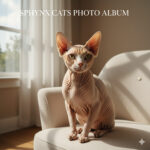 Hình ảnh mèo Sphynx không lông đang ngồi trên ghế trong phòng sáng tự nhiên