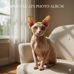 Hình ảnh mèo Sphynx không lông đang ngồi trên ghế trong phòng sáng tự nhiên
