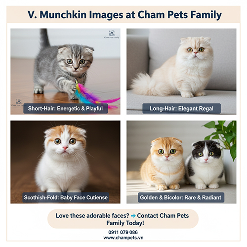 Bộ ảnh mèo Munchkin thật tại Chạm Pets Family: lông ngắn năng động, lông dài sang chảnh, tai cụp baby và màu golden/bicolor hiếm.