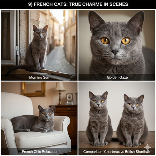 Bộ sưu tập hình ảnh mèo Chartreux trong các bối cảnh ánh sáng sáng sớm và nội thất cổ điển