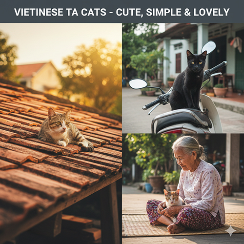 Hình ảnh mèo ta Việt Nam nằm trên mái ngói, yên xe và bên người già trong làng quê