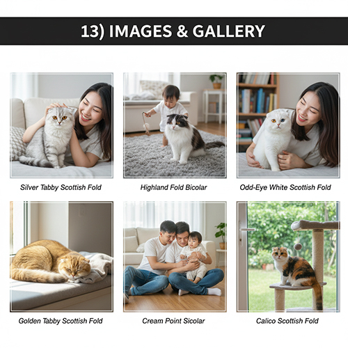 Bộ sưu tập sáu hình mèo Scottish Fold gồm các màu silver tabby, bicolor, odd-eye white, golden tabby, cream point và calico, cùng cảnh gia đình chơi với mèo